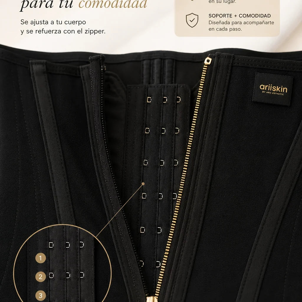 Interior de la cinturilla ariiSKIN con tres filas de broches y zipper