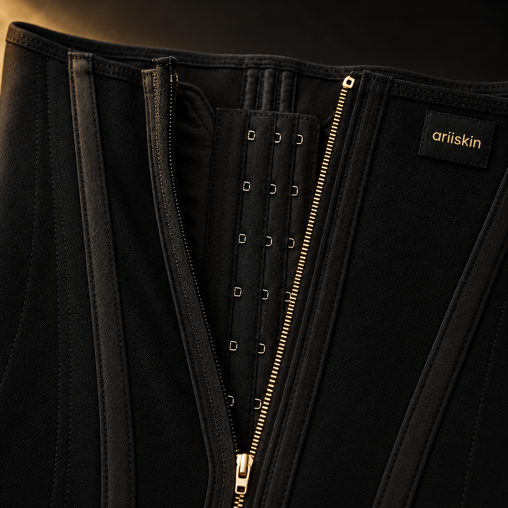 Detalle de tres niveles de ajuste y zipper dorado de la cinturilla ariiSKIN