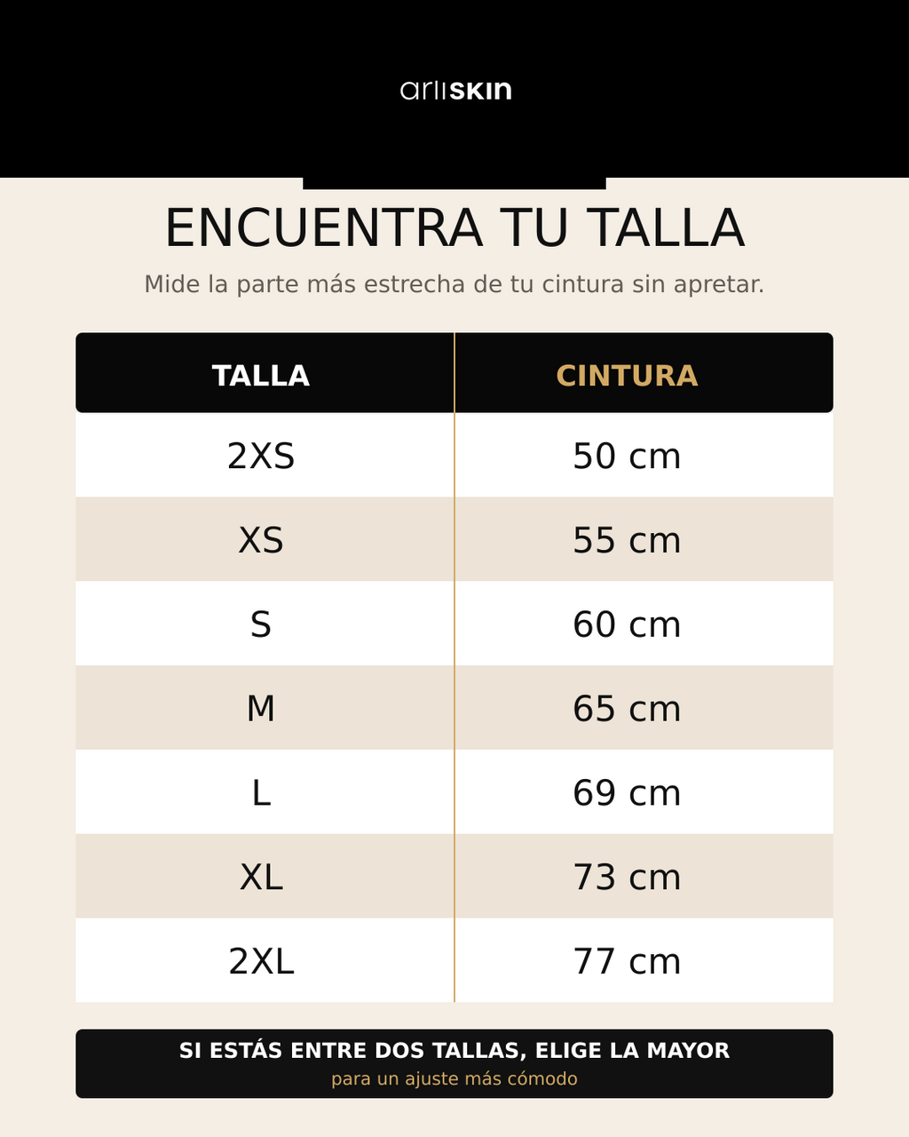Guía de tallas legible ariiSKIN de 2XS a 2XL